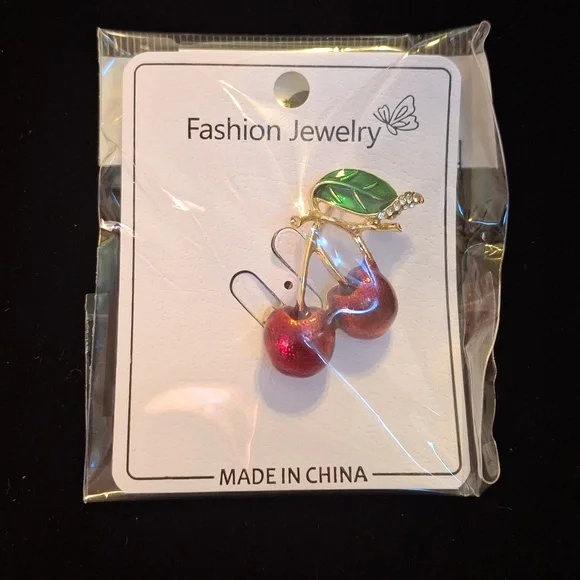 Red Cherry Brooch with Gold and Green - Picture 3 of 3